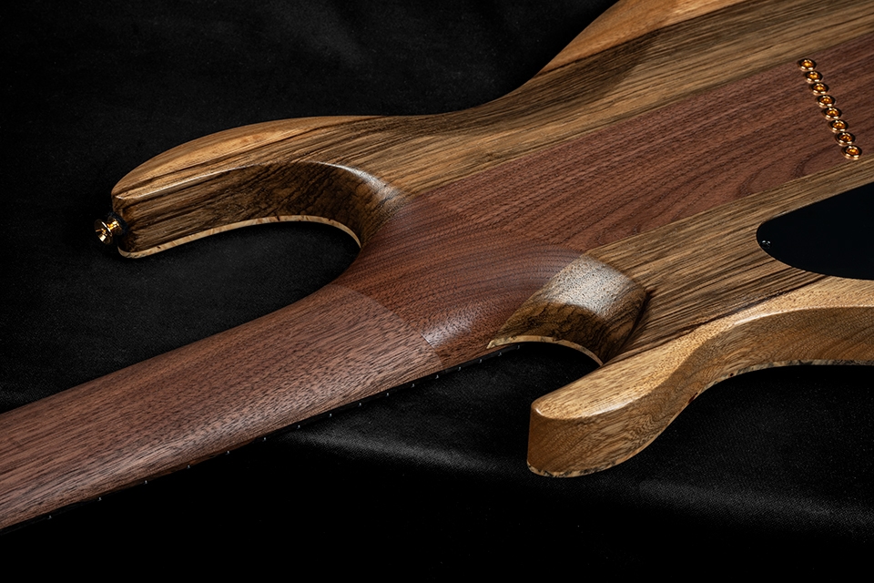 Kiesel Guitars DC DC800 Neck Heel, 7 piece walnut neck w/ purple heart, maple, walnut stripes, walnut body, gold hardware