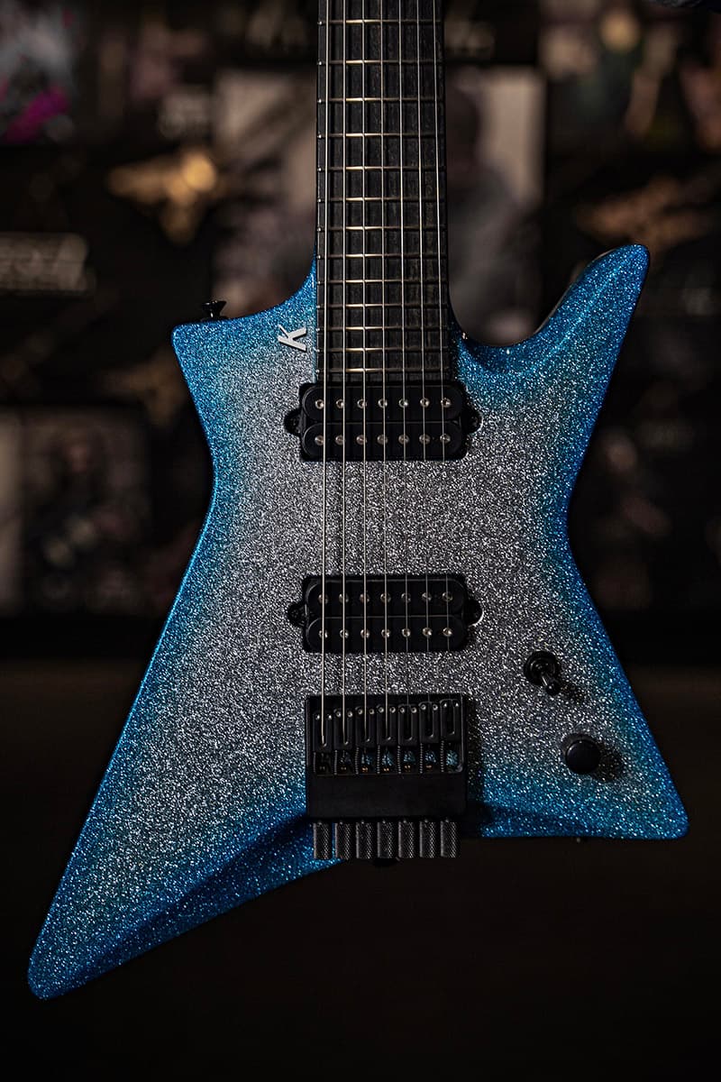 Kiesel Guitars lightspeed LS7 with aqua sparkle (metal flake) california burst finish, black hardware, no top inlays NIN, dropshadow white over black K logo