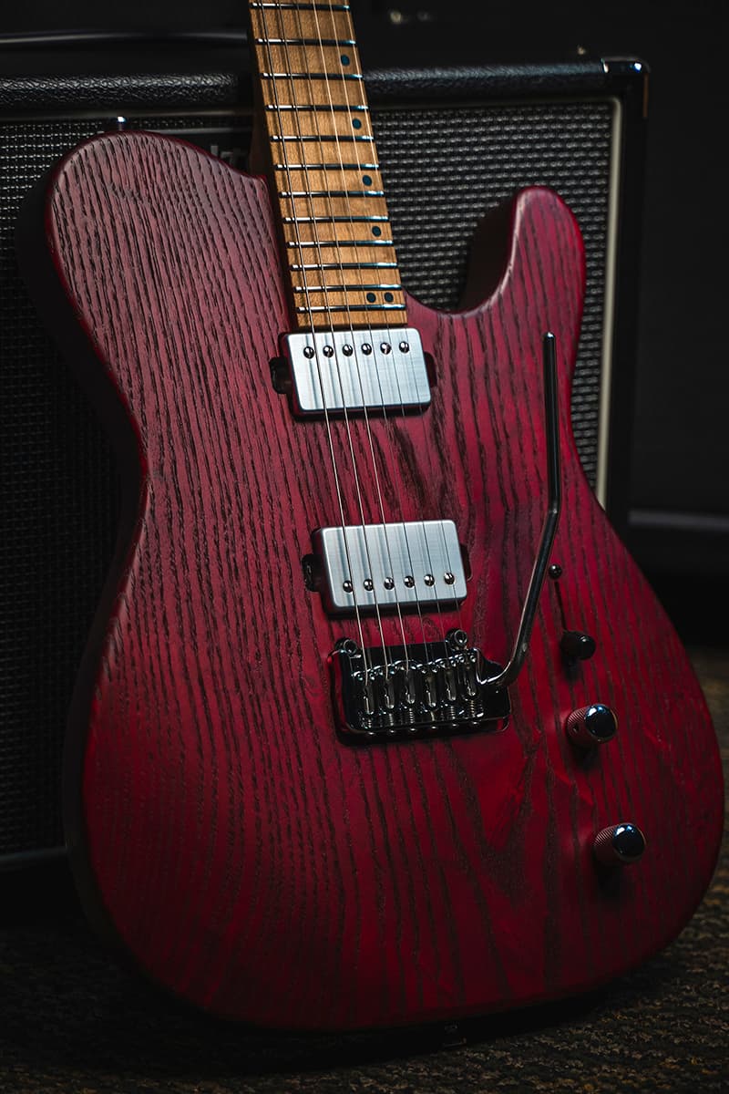 Kiesel Guitars Solo tremolo S6X with swamp ash body, scarlet red stain, raw tone top coat, chrome pickup covers, chrome hardware, maple fingerboard, black acrylic staggered offset dot inlays