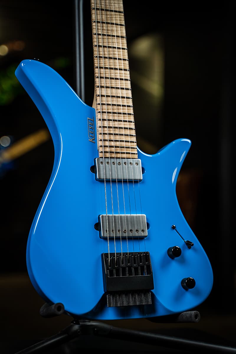 Kiesel Guitars Thanos Guitar TG6 with alder body, sky blue finish, lithium pickups, chrome pickup covers, flamed maple fingerboard, drop shadow silver logo, no top inlays NIN, maple neck, gloss top coat, 20" fingerboard radius